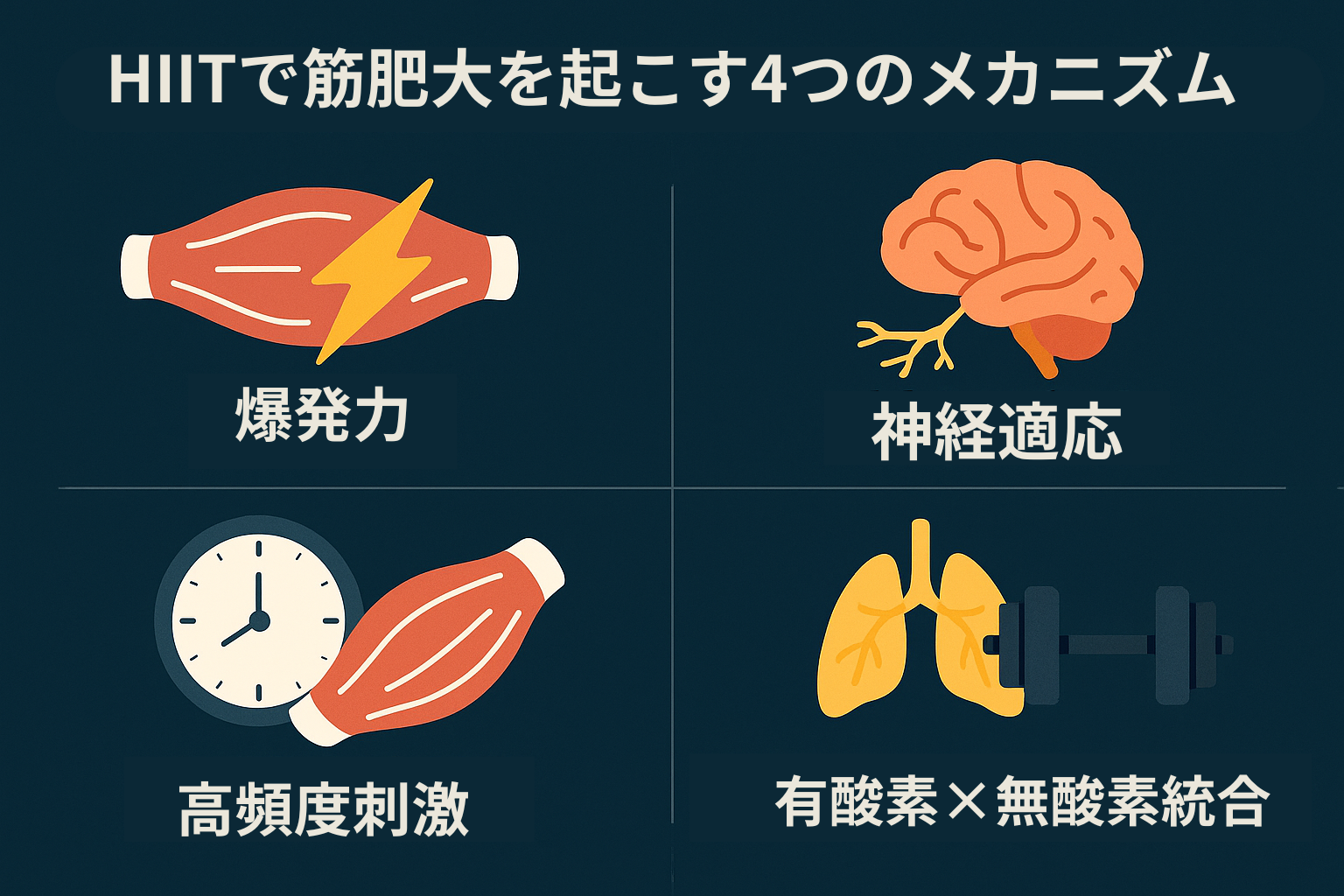 HIITが筋肥大を促す4つの要因を示す図解。爆発力、神経適応、高頻度刺激、有酸素と無酸素の統合をそれぞれ筋肉・脳・時計・肺のイラストで表現。