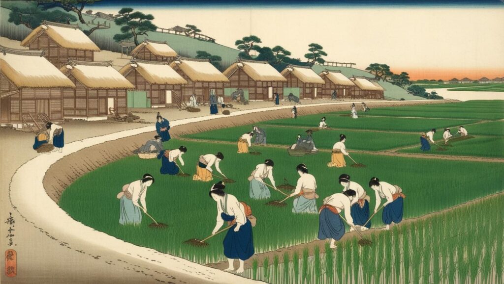 江戸時代の日本の村で田植えをする女性たちの様子。協力して作業する農村の暮らし。