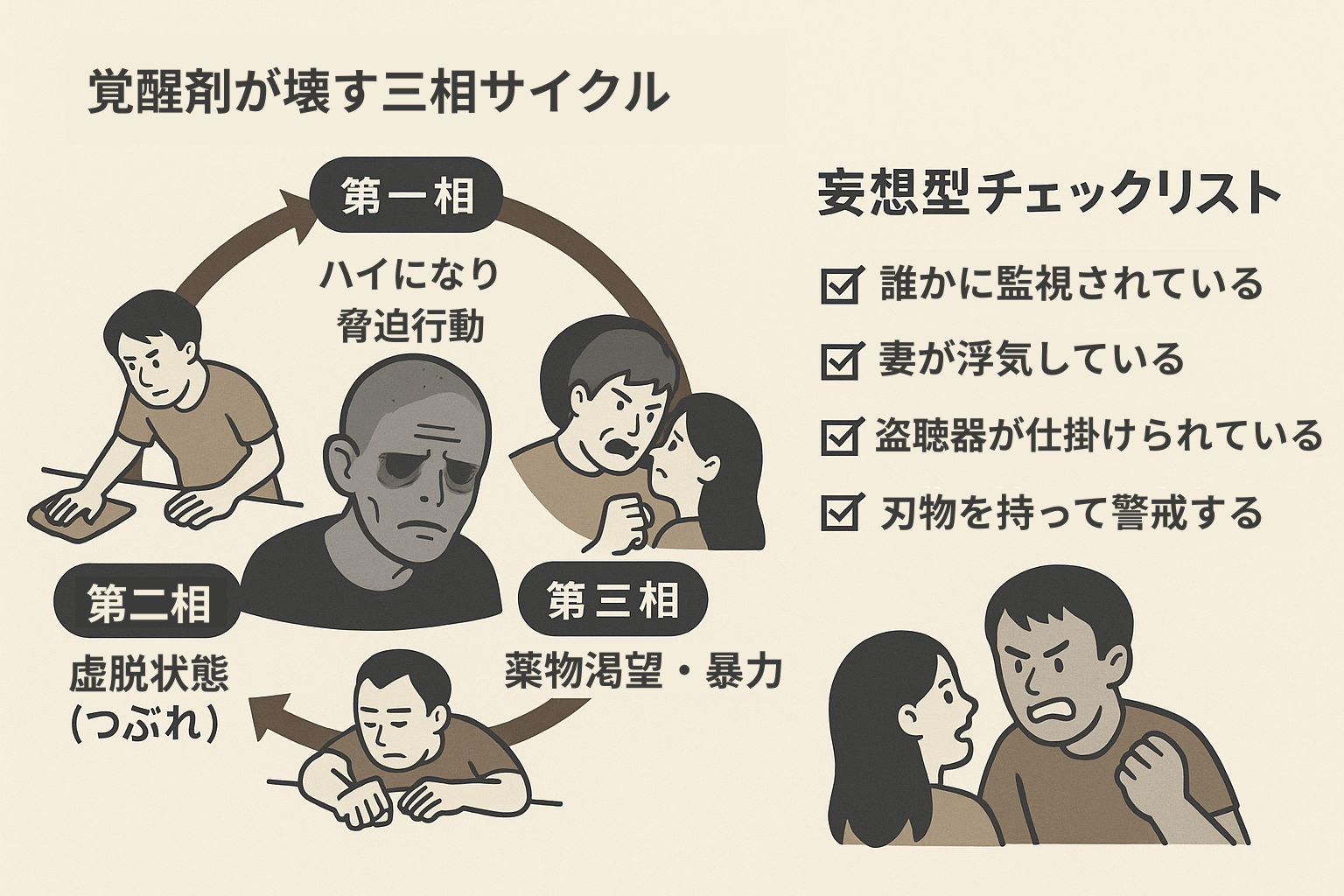 覚醒剤使用者の行動サイクルと妄想型精神症状を描いたイラスト図。ハイ状態、虚脱、薬物渇望の3相と、監視・浮気・盗聴などの妄想を示すチェックリストが含まれる。