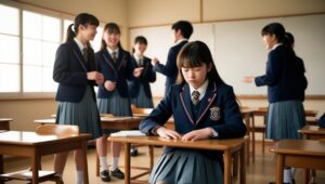 教室でひとり座り、周囲の生徒に無視されている日本の女子中学生