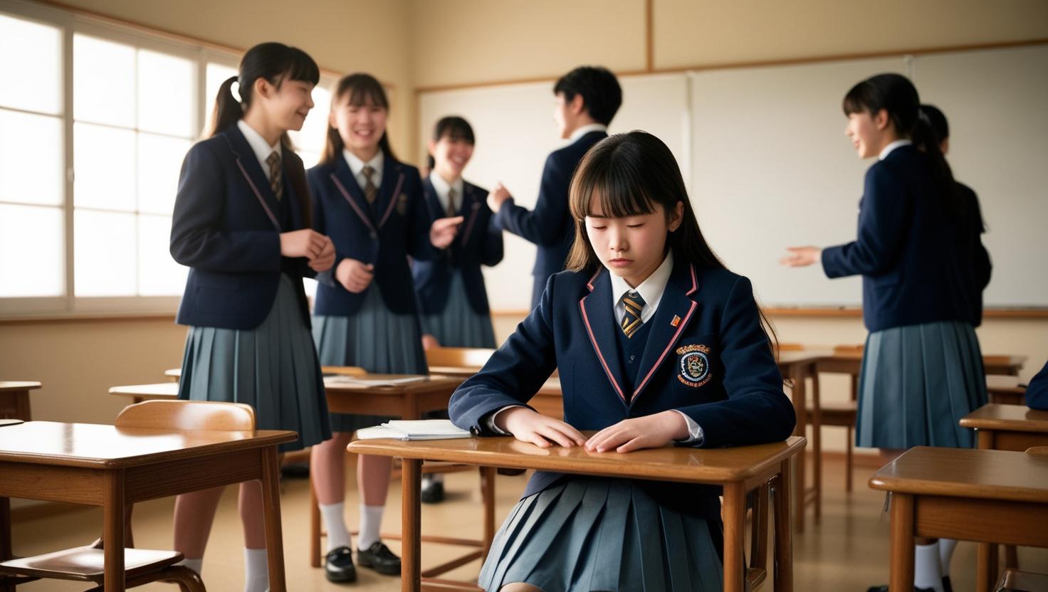 教室でひとり座り、周囲の生徒に無視されている日本の女子中学生