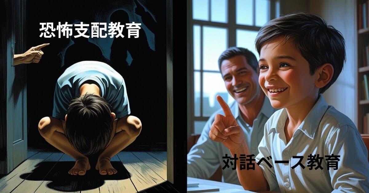 落ち込んだ様子でうずくまる子どもと怒鳴る大人のシルエット、対照的に笑顔で話す子どもと親が並ぶ教育スタイルの対比画像