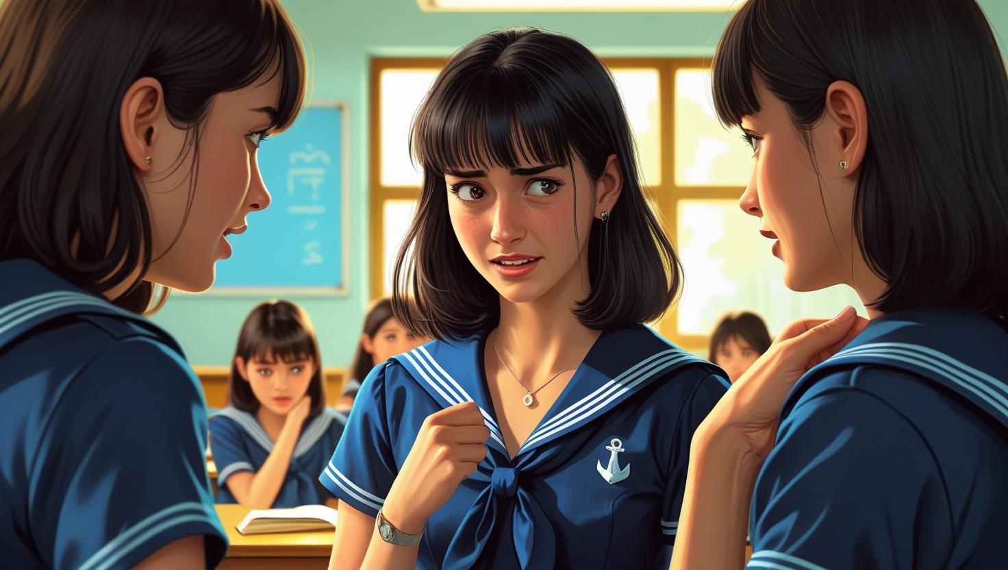 教室で友人たちと話す中、緊張した様子で胸に手を当てているセーラー服の女子学生。